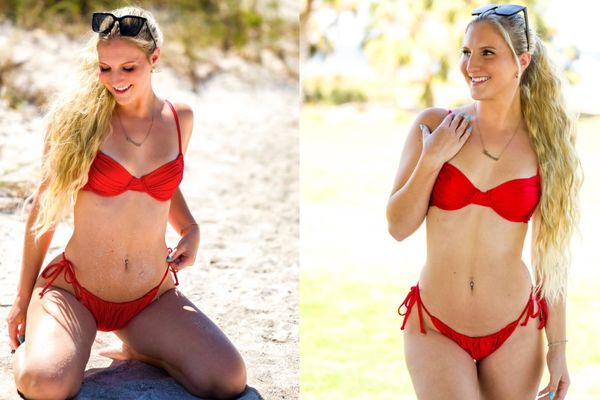 Gia Ava’s Red Beachwear Moment Brings Classic Resort Glamour to the Shoreline