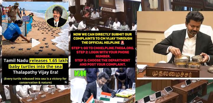 Collage of viral social media posts about Vijay government Collage of viral social media posts about Vijay government