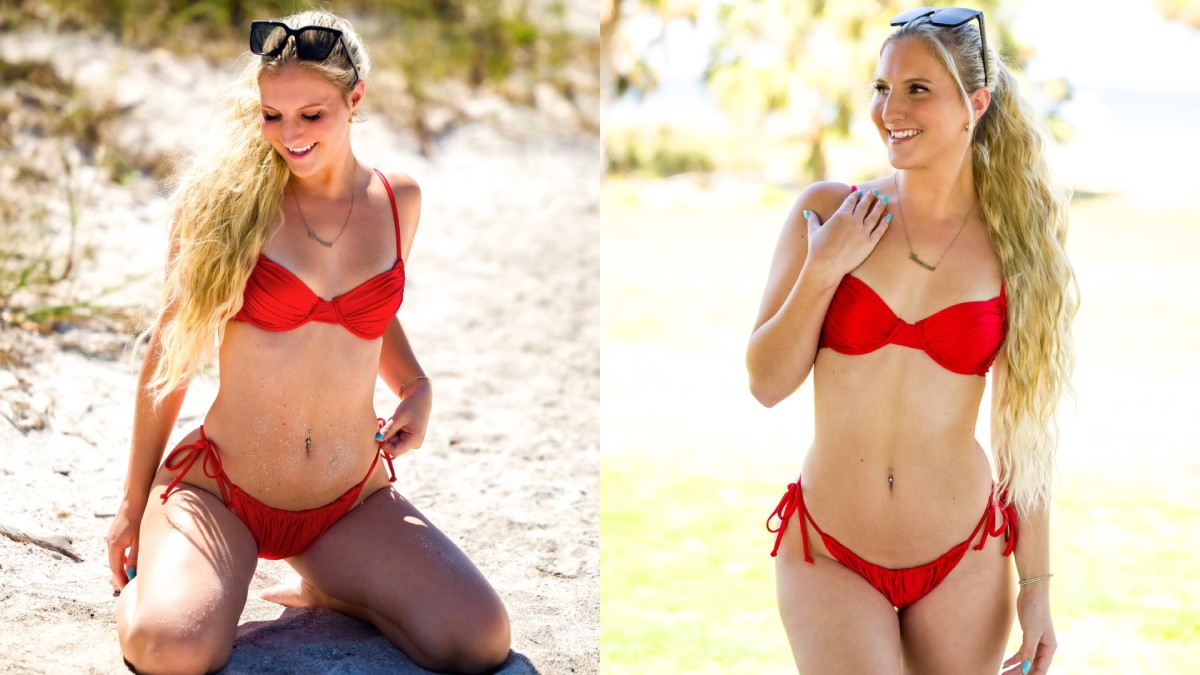 Gia Ava’s Red Beachwear Moment Brings Classic Resort Glamour to the Shoreline